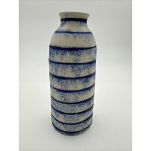 Hand Thrown Ceramic Vase Blue And White Striped Mottled Glaze